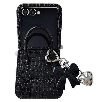 For Samsung Galaxy Z Flip7 5G Case Handbag Crocodile Texture Leather + PC Phone Cover with Bow Heart Pendant - Black