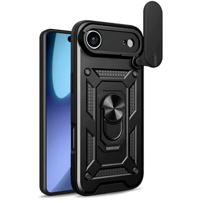 AMORUS til iPhone Air Case med fold ud stander PC + TPU telefonbeskyttelse med skydelinseholder - Sort