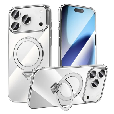 SULADA لجهاز iPhone 17 Pro Max غطاء متوافق مع MagSafe ومزود بحامل قابل للطي ومطلي كهربائياً، غطاء شفاف من مادة البولي كربونات - تيتانيوم