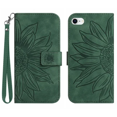 For iPhone 7 / 8 / SE (2020) / SE (2022) HT04 Skin-Touch PU Leather Phone Case Anti-fingerprint Imprinted Sunflower Stand Wallet Cover with Hand Strap - Dark Green