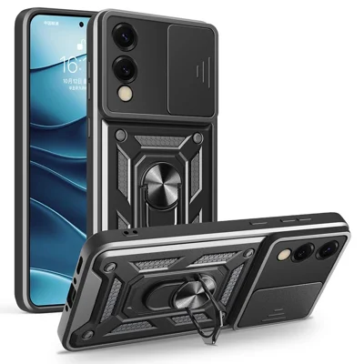 AMORUS For Samsung Galaxy S25 Edge Case Kickstand PC + TPU Phone Cover with Camera Lens Slider - Black