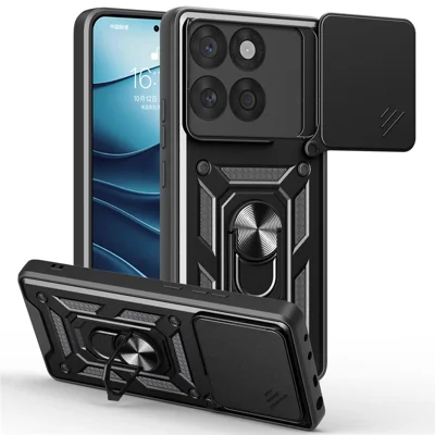 AMORUS voor Motorola Edge 60 Fusion 5G hoesje draaibare standaard PC + TPU telefoonhoesje met schuifbare lensafdekking - Zwart