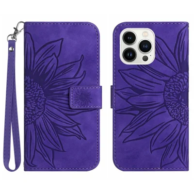 Bump Proof Flip Phone Case for iPhone 14 Pro Max, HT04 Imprinted Sunflower Stand PU Leather Skin-Touch Magnetic Wallet Cover with Strap - Dark Purple
