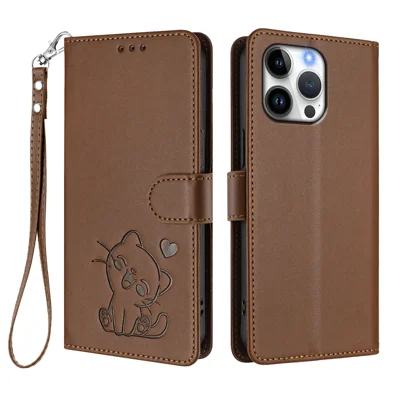 For iPhone 16 Pro Wallet Case with Wrist Strap Love Cat Pattern Imprint Leather Phone Cover - Brown