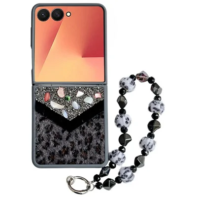 For Samsung Galaxy Z Flip7 5G Case Stone Decor Glitter Leopard Splicing Plush PC Phone Cover with Hand Chain - Grey