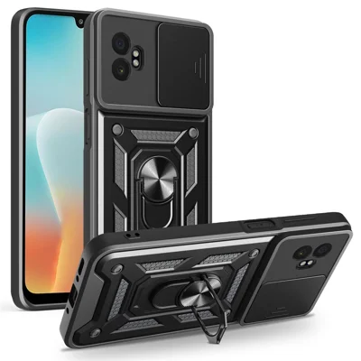 AMORUS For Samsung Galaxy XCover7 Pro Case Kickstand PC + TPU Phone Cover with Camera Lens Slider - Black