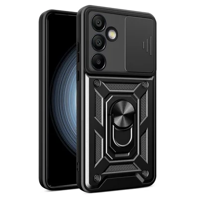 AMORUS For Samsung Galaxy S24 FE Case Kickstand PC + TPU Phone Cover with Camera Lens Slider - Black