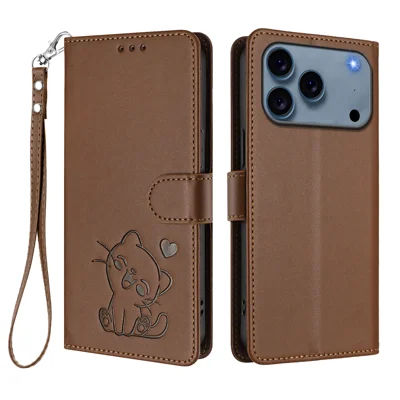 For iPhone 18 Pro Max / 17 Pro Max Wallet Case with Wrist Strap Love Cat Pattern Imprint Leather Phone Cover - Brown