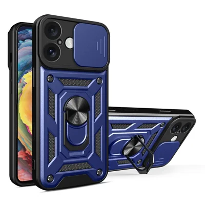 AMORUS Kickstand Case for iPhone 16 PC + TPU Phone Cover with Camera Lens Slider - Blue