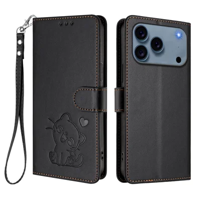 For iPhone 18 Pro / 17 Pro Wallet Case with Wrist Strap Love Cat Pattern Imprint Leather Phone Cover - Black