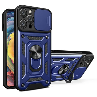 AMORUS For iPhone 16 Pro Max Case Kickstand PC + TPU Phone Cover with Camera Lens Slider - Blue