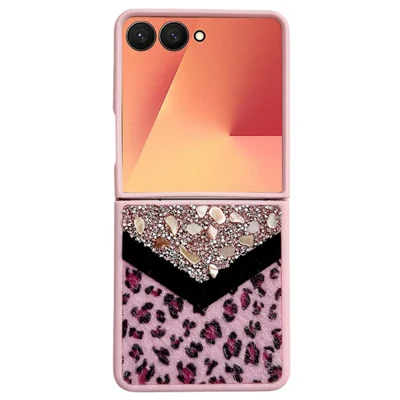 For Samsung Galaxy Z Flip7 5G Case Stone Decor Glitter Leopard Splicing Plush PC Phone Cover - Pink