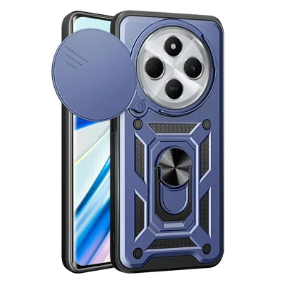 AMORUS Kickstand Case for Xiaomi Poco C75 4G / Redmi 14R 5G / 17C 4G / 14C 4G PC + TPU Phone Cover with Camera Lens Slider - Blue