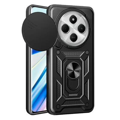 AMORUS Kickstand Case for Xiaomi Poco C75 4G / Redmi 14R 5G / 17C 4G / 14C 4G PC + TPU Phone Cover with Camera Lens Slider - Black