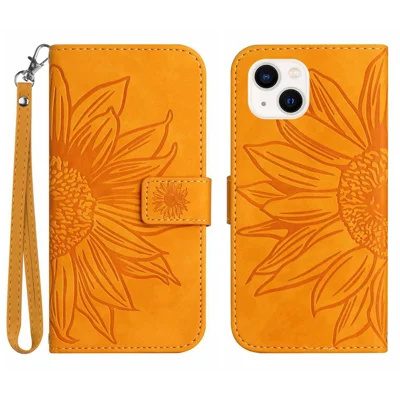 Flip Phone Case för iPhone 14, HT04 Tryckt Solros Justerbar Ställare PU Skinn-Touch Magnetiskt Väsckal med Rem - Gul