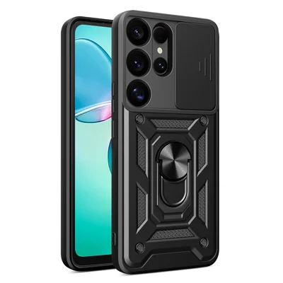 AMORUS For Samsung Galaxy S25 Ultra Case Kickstand PC + TPU Phone Cover with Camera Lens Slider - Black
