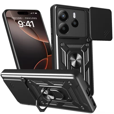 AMORUS For Xiaomi Redmi Note 14 5G Case Kickstand PC + TPU Phone Cover with Camera Lens Slider - Black