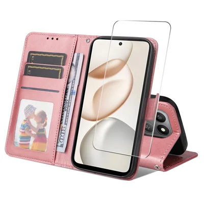 ENKAY HAT PRINCE For Honor 400 Smart 5G / 4G / X7d 4G PU Leather Wallet Case   Phone Stand Cover with Tempered Glass - Pink