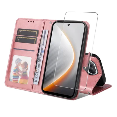 ENKAY HAT PRINCE For TECNO Pova 7 Pro 5G PU Leather Wallet Case   Phone Stand Cover with Tempered Glass - Pink