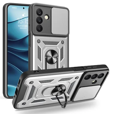AMORUS For Samsung Galaxy A26 5G Case Kickstand PC + TPU Phone Cover with Camera Lens Slider - Silver