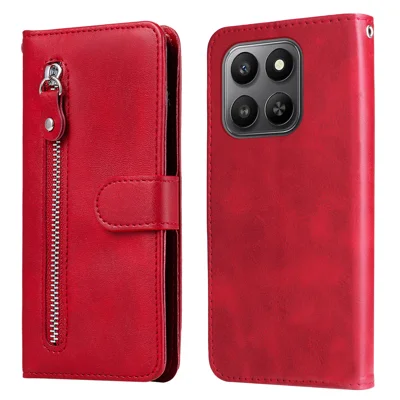 For Honor 400 Smart 5G / 4G / X7d 4G PU Leather Cases with Zipper Pocket Wallet Phone Cover Stand - Red