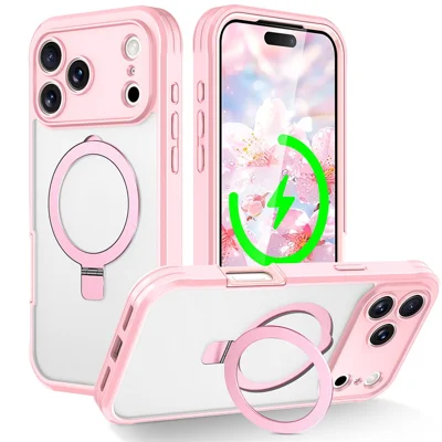 For iPhone 17 Pro Case Skin Touch Solid Color TPU + PC Phone Cover with Magnetic Kickstand - Pink