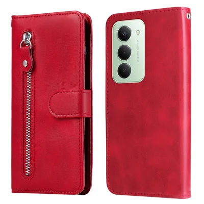 For Xiaomi Redmi 15 5G (Global) (169mm) PU Leather Cases with Zipper Pocket Wallet Phone Cover Stand - Red