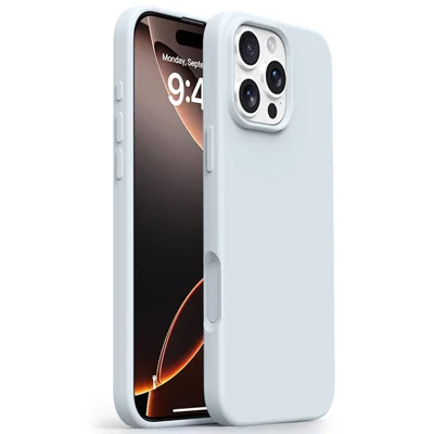 For iPhone 16 Pro Max Case Ultra Thin Liquid Silicone + PC Phone Cover with Camera Touch Control Button - Glacier Blue