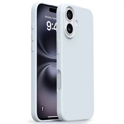 For iPhone 16 Case Ultra Thin Liquid Silicone + PC Phone Cover with Camera Touch Control Button - Glacier Blue