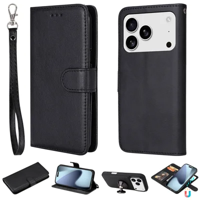 For iPhone 18 Pro / 17 Pro Case 2 in 1 Detachable Magnetic Leather Wallet Mobile Cover with Strap - Black