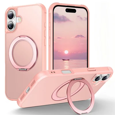 For iPhone 17 Case Magnetic Kickstand TPU + PC Shockproof Hybrid Phone Cover - Pink