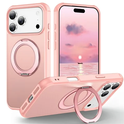 Voor iPhone 17 Pro Max hoesje met magnetische standaard TPU + PC schokbestendige hybride telefoonhoes - Roze