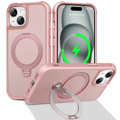 Voor iPhone 15 Hoesje Compatibel met MagSafe Draaibare Standring TPU + PC Stootvaste Telefoonhoes - Roze