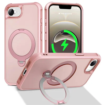 Hoesje voor iPhone 16e, compatibel met MagSafe, draaibare standaard, schokbestendig TPU + PC-hoesje - Roze