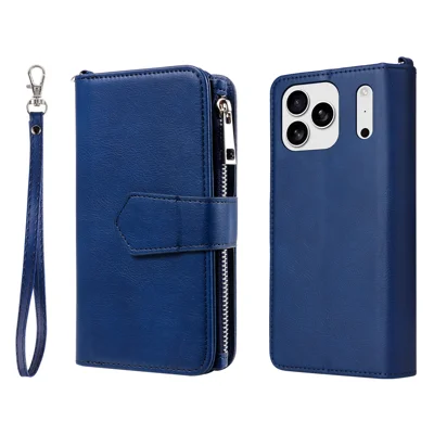 For iPhone 18 Pro Max / 17 Pro Max Magnetic Leather Case Mobile Cover with Detachable Zipper Wallet Strap - Blue