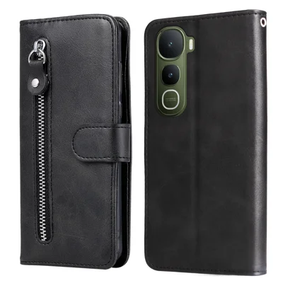 For vivo Y400 5G PU Leather Cases with Zipper Pocket Wallet Phone Cover Stand - Black