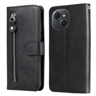 For TECNO Spark 40C PU Leather Cases with Zipper Pocket Wallet Phone Cover Stand - Black