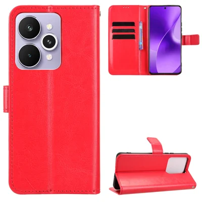 For Realme 15 5G / Realme 15 Pro 5G PU Leather Case with Strap Crazy Horse Texture Phone Wallet Cover - Red