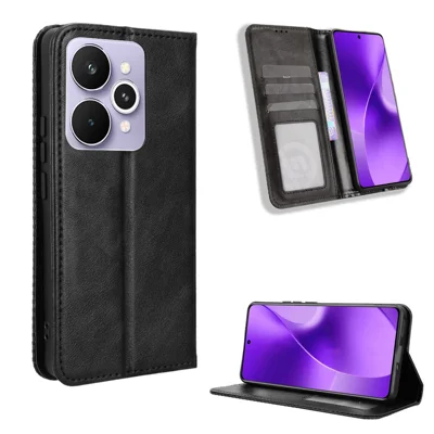 For Realme 15 5G / Realme 15 Pro 5G Leather Case Wallet Stand Retro Texture Phone Cover - Black