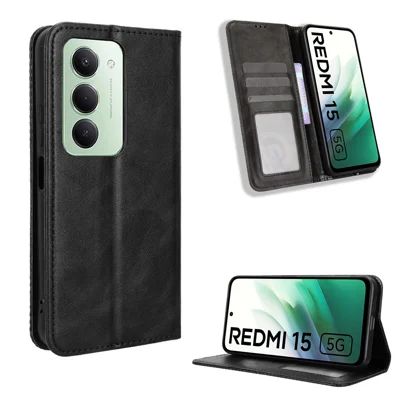 Läderlugg för Xiaomi Redmi 15 5G (Global) (169 mm), plånbok, ställfunktion, retrostruktur, svart
