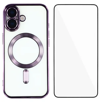WANLONFENG For iPhone 17 Magnetic Case  Full Protection Electroplated TPU Cover with Tempered Glass - Dark Purple