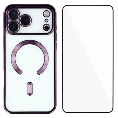 WANLONFENG For iPhone 17 Pro Magnetic Case  Full Protection Electroplated TPU Cover with Tempered Glass - Dark Purple