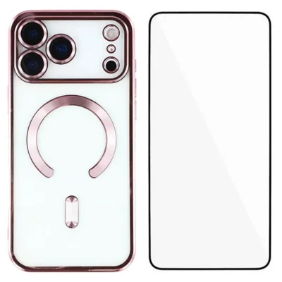 For iPhone 17 Pro Max Magnetisk Case WANLONFENG Fuld Beskyttelse Elektropladeret TPU Cover med Hærdet Glas - Pink