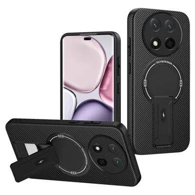 Phone Case For Honor X9c 5G / X60 Pro 5G / Magic7 Lite 5G Carbon Fiber Texture PC + TPU Cover with Kickstand - Black