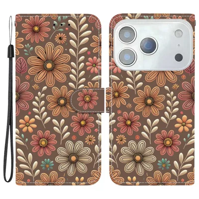 For iPhone 18 Pro Max / 17 Pro Max Wallet Case Pattern Printing Leather Stand Phone Cover with Strap - Blossom