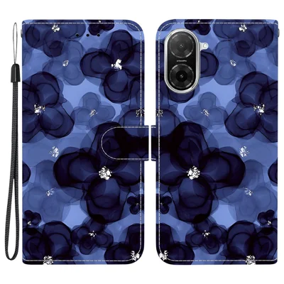 For Xiaomi Redmi A5 4G (171.7mm) / Poco C71 4G Wallet Case Pattern Printing Leather Stand Phone Cover with Strap - Ink Blue Flower
