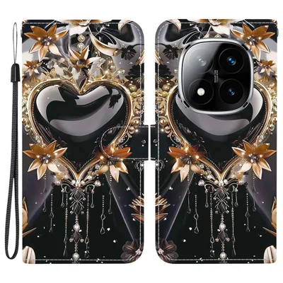 Wallet Case for Xiaomi Poco X7 5G / Redmi Note 14 Pro 5G / Note 14 Pro+ 5G Pattern Printing Leather Stand Phone Cover with Strap - Black Gold Heart