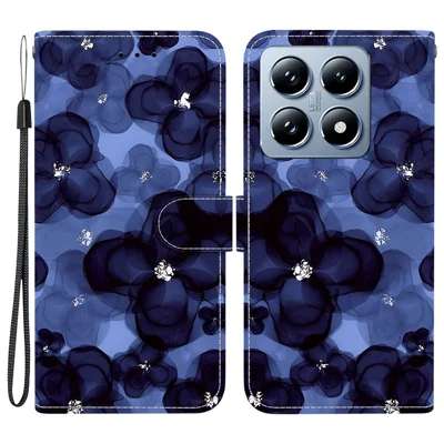 For Xiaomi 14T Wallet Case Pattern Printing Leather Stand Phone Cover with Strap - Ink Blue Flower