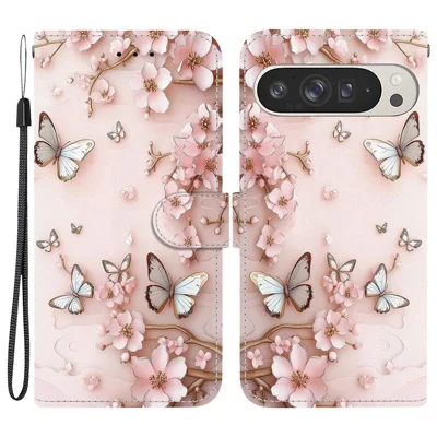 For Google Pixel 9 Pro XL Wallet Case Pattern Printing Leather Stand Phone Cover with Strap - Pink Butterfly