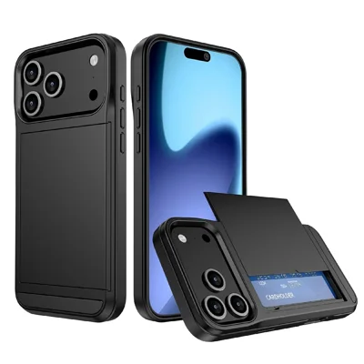 For iPhone 18 Pro Max / 17 Pro Max Case with Sliding Card Holder PC + TPU Phone Back Cover - Black